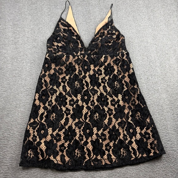 Free People Dresses & Skirts - Free People Night Shimmer Lace Mini Dress Black Nude V-Neck OB1085702 Size 6